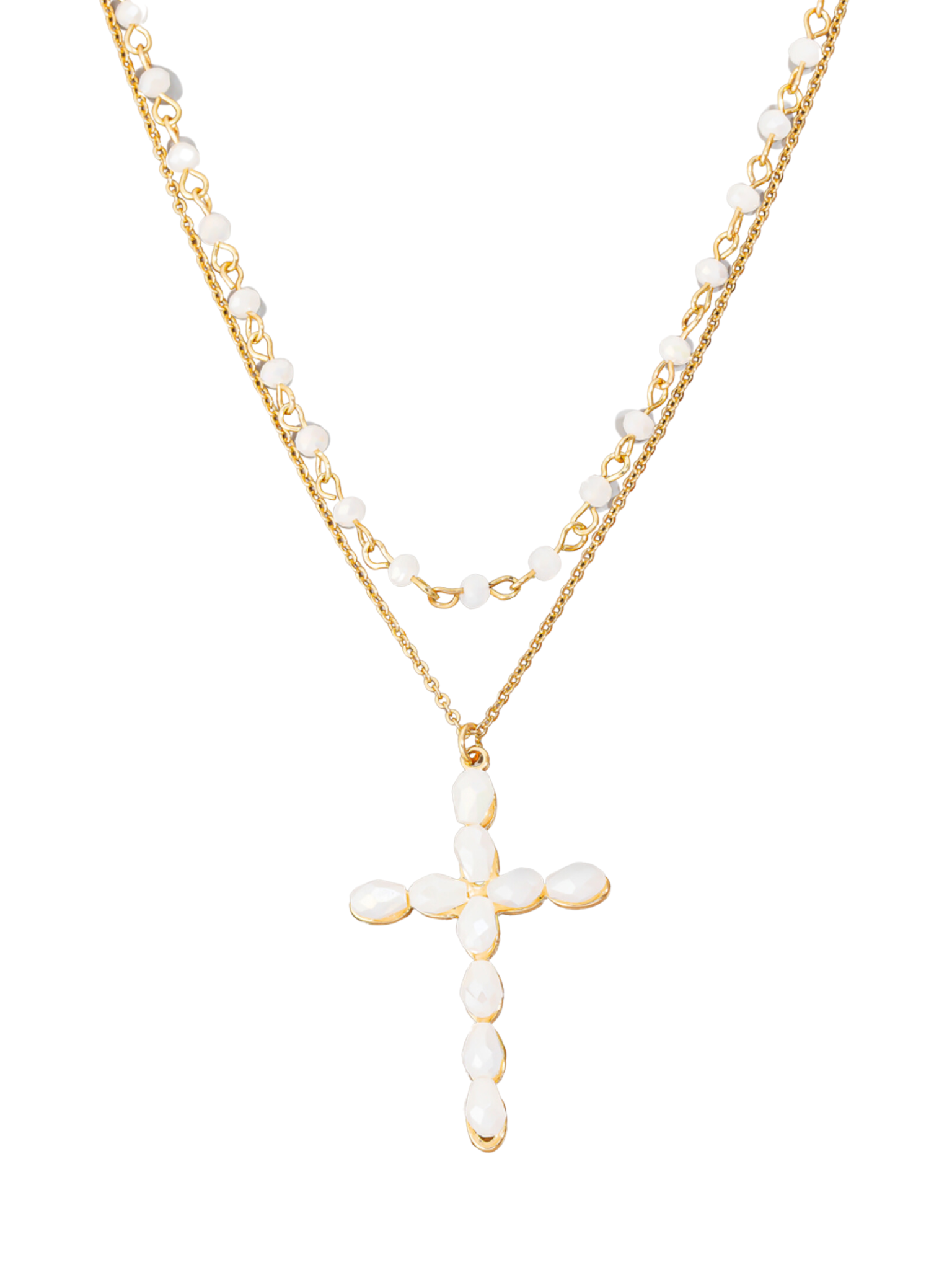 Glass Beaded Cross And Chain Layered Necklace