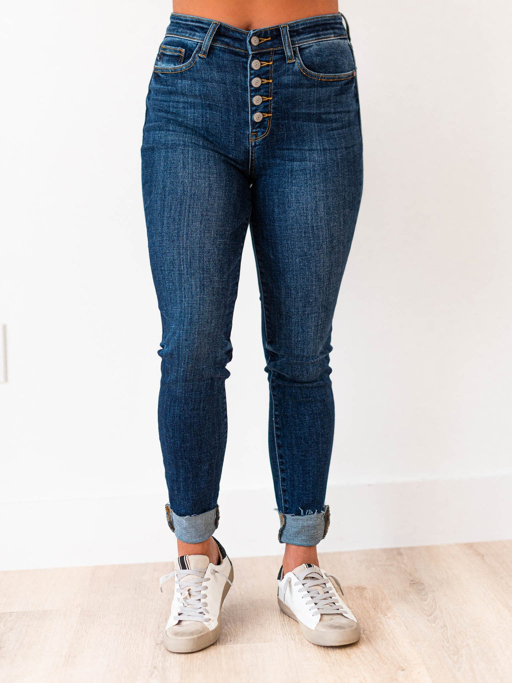 High Rise Button Fly Cut Off Skinny