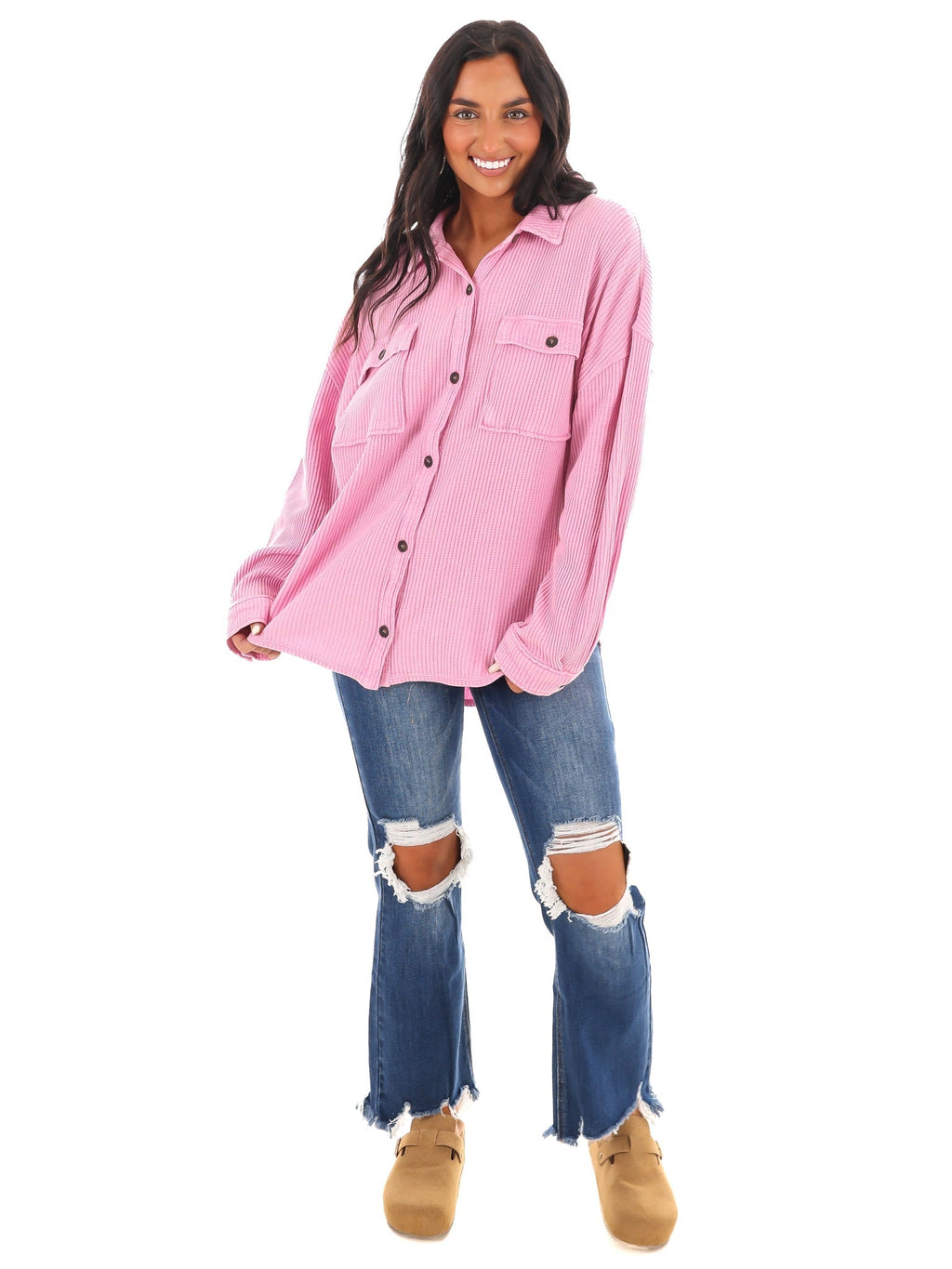 Chilly Days Waffle Knit Button Up Top