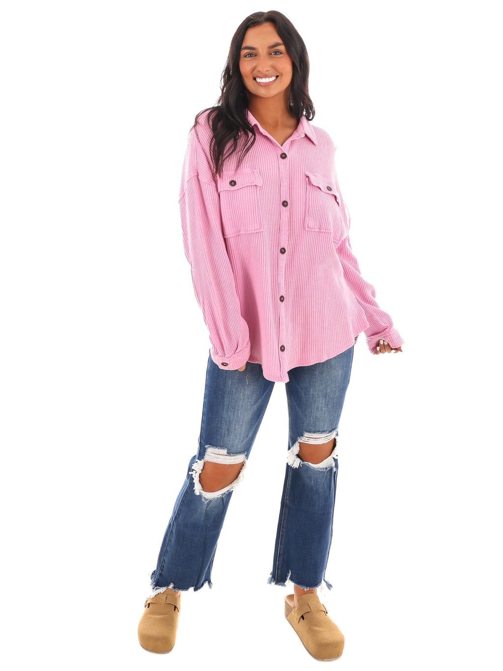 Chilly Days Waffle Knit Button Up Top