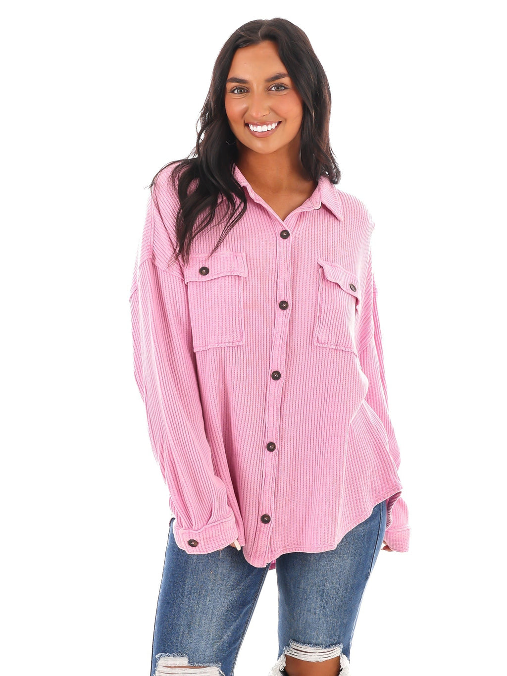 Chilly Days Waffle Knit Button Up Top