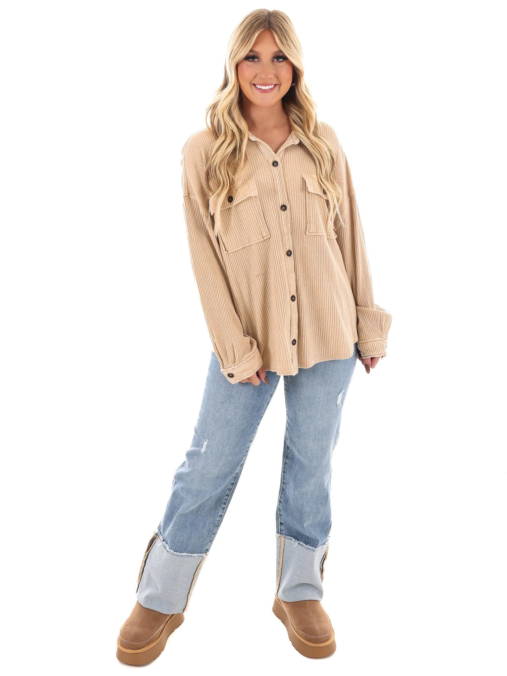 Chilly Days Waffle Knit Button Up Top