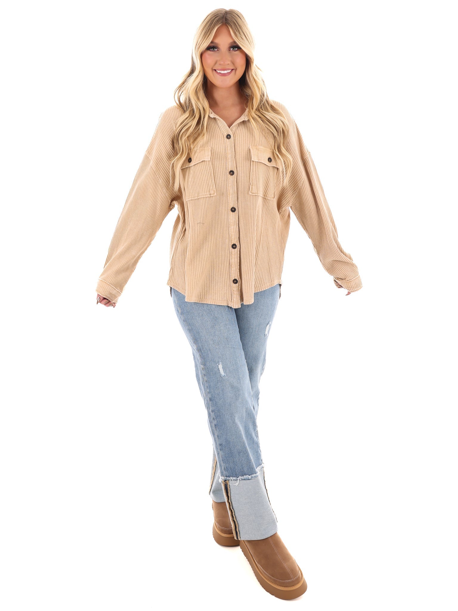 Chilly Days Waffle Knit Button Up Top