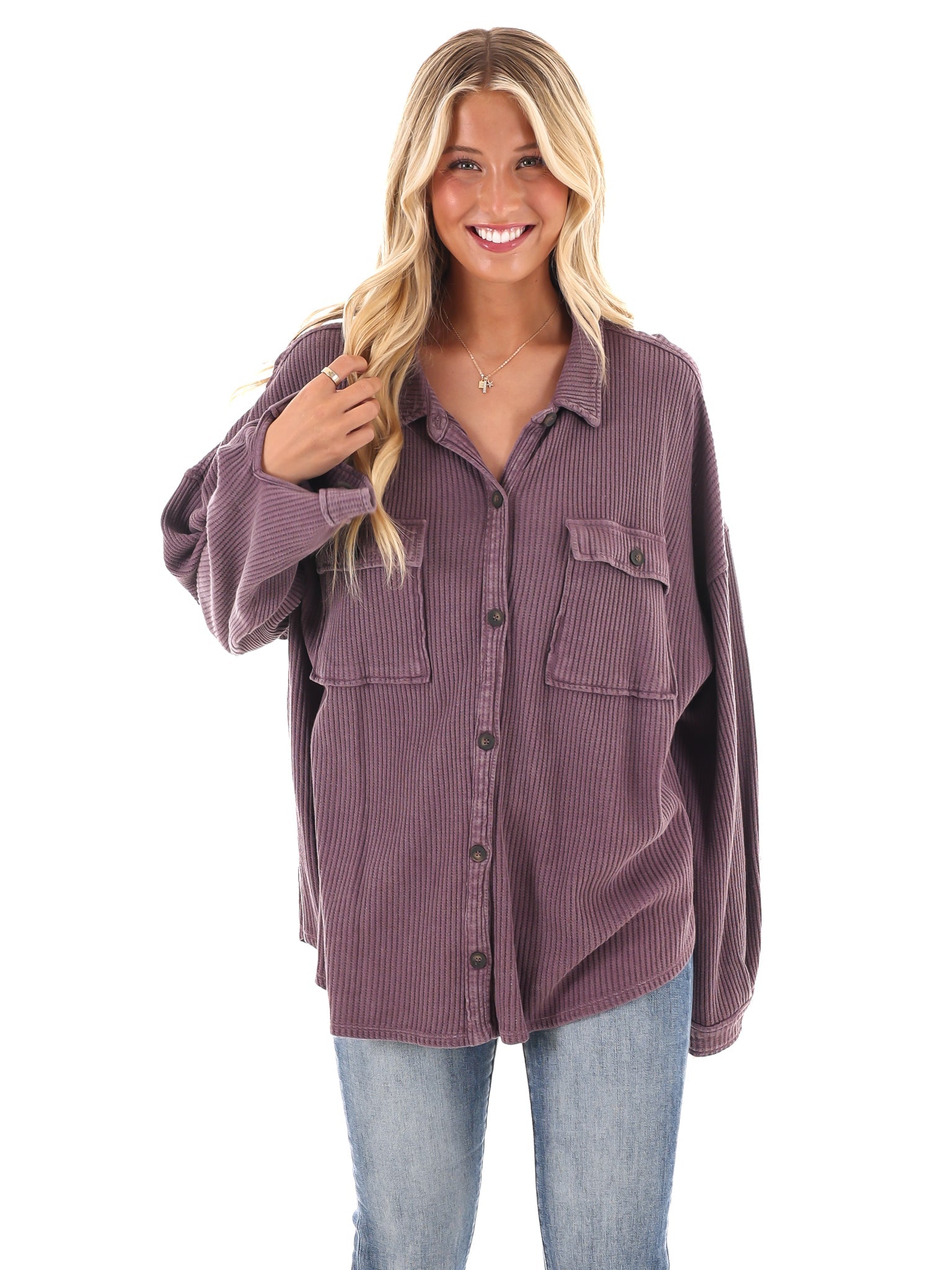 Chilly Days Waffle Knit Button Up Top