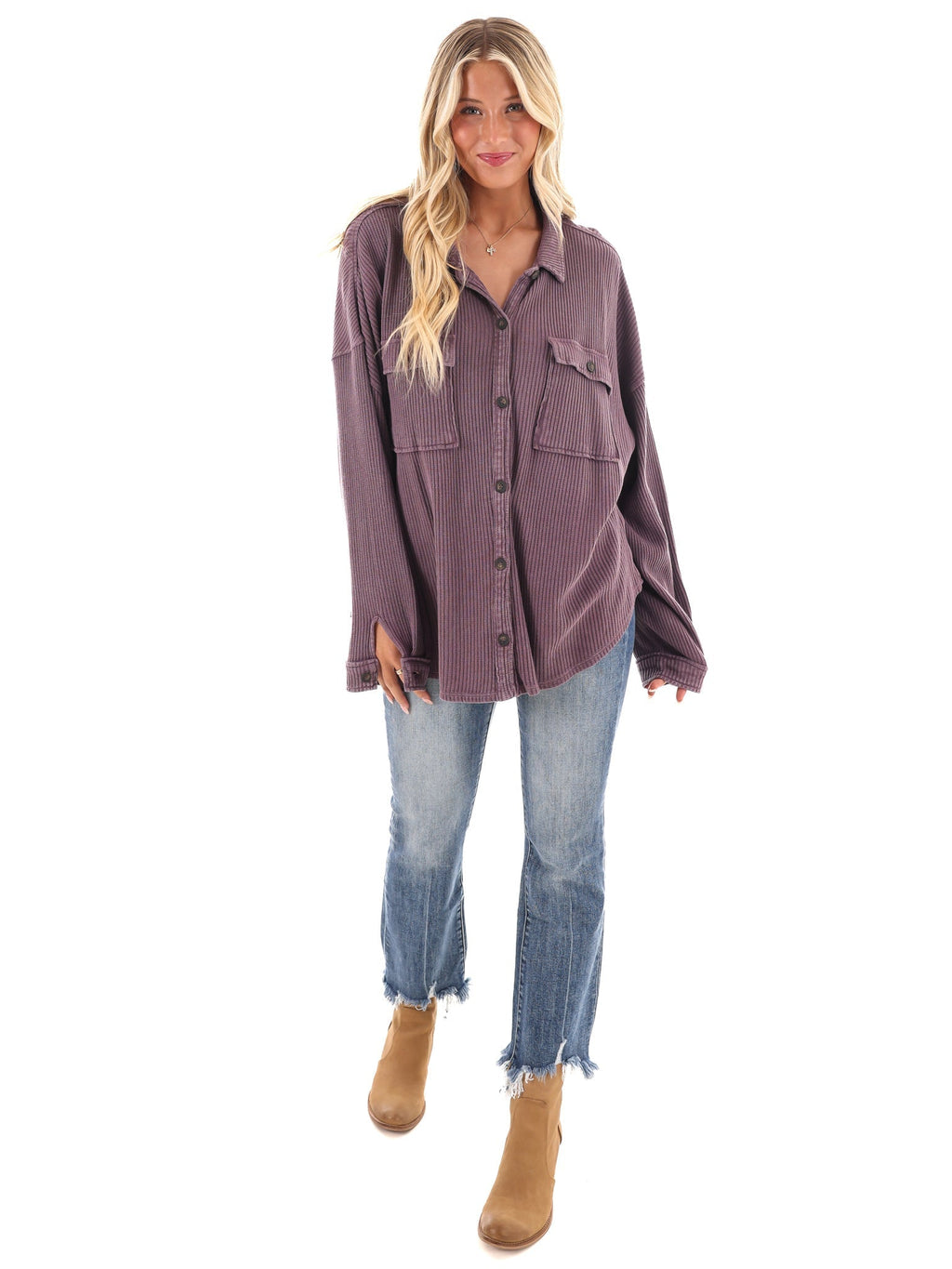 Chilly Days Waffle Knit Button Up Top