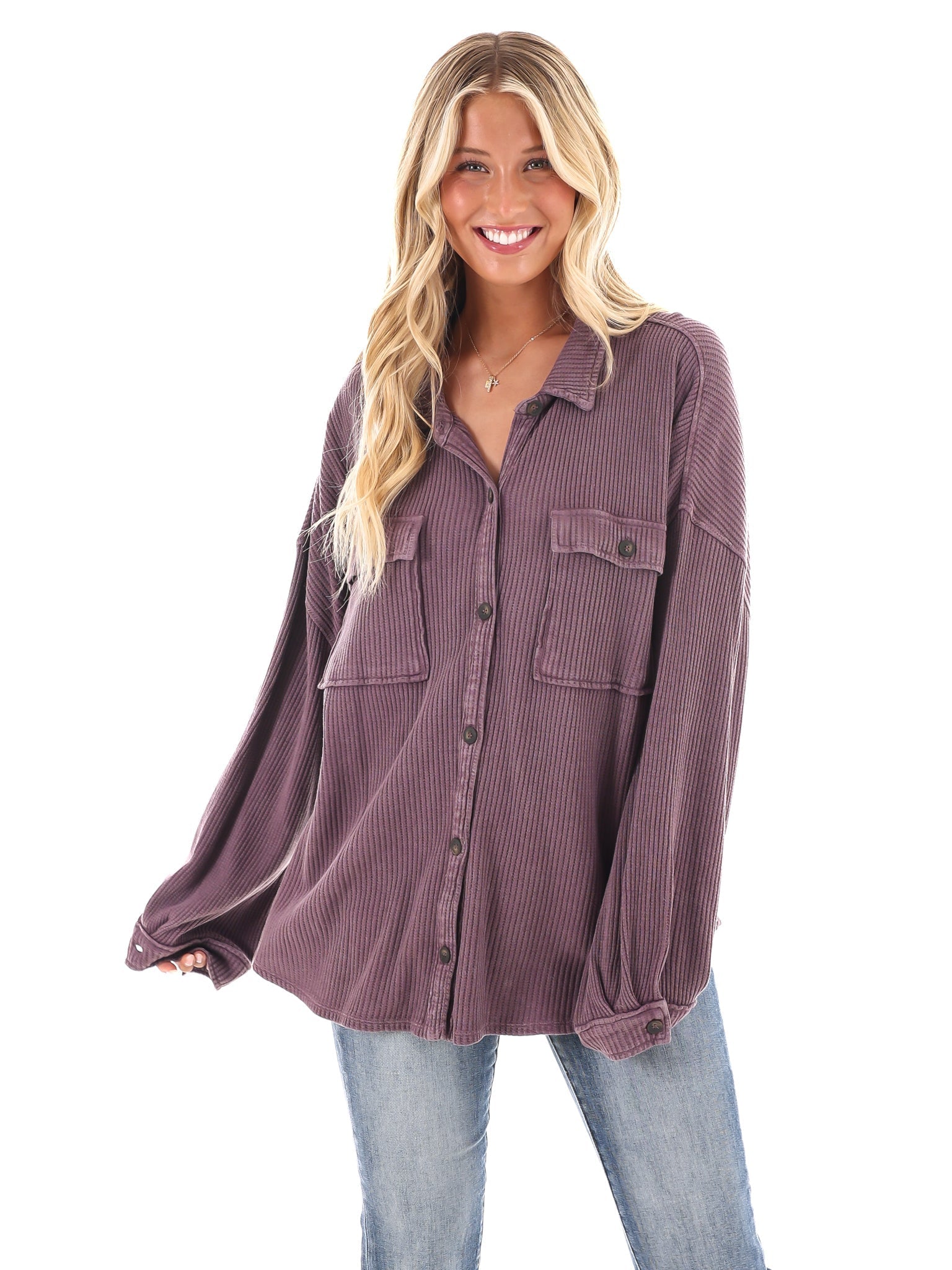 Chilly Days Waffle Knit Button Up Top