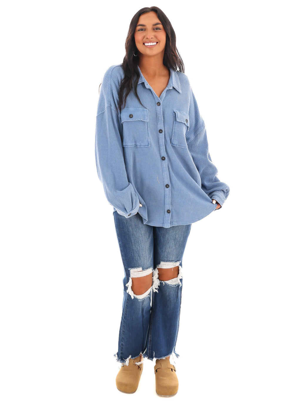 Chilly Days Waffle Knit Button Up Top