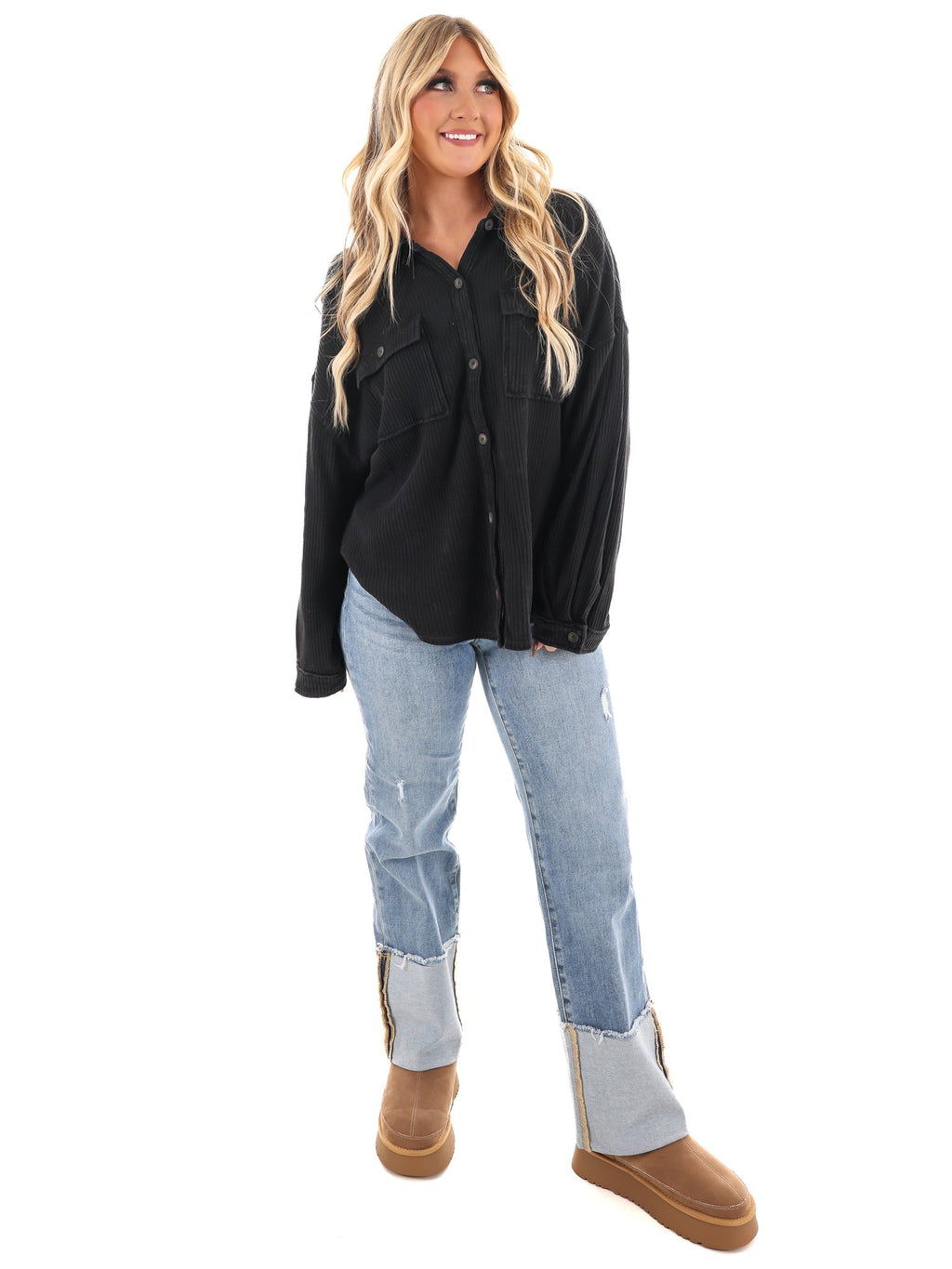 Chilly Days Waffle Knit Button Up Top