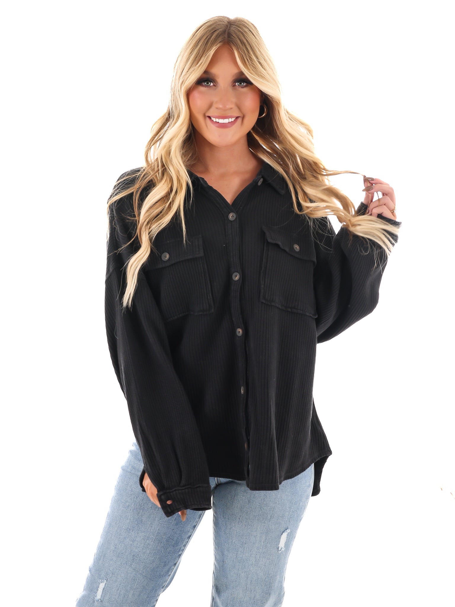 Chilly Days Waffle Knit Button Up Top