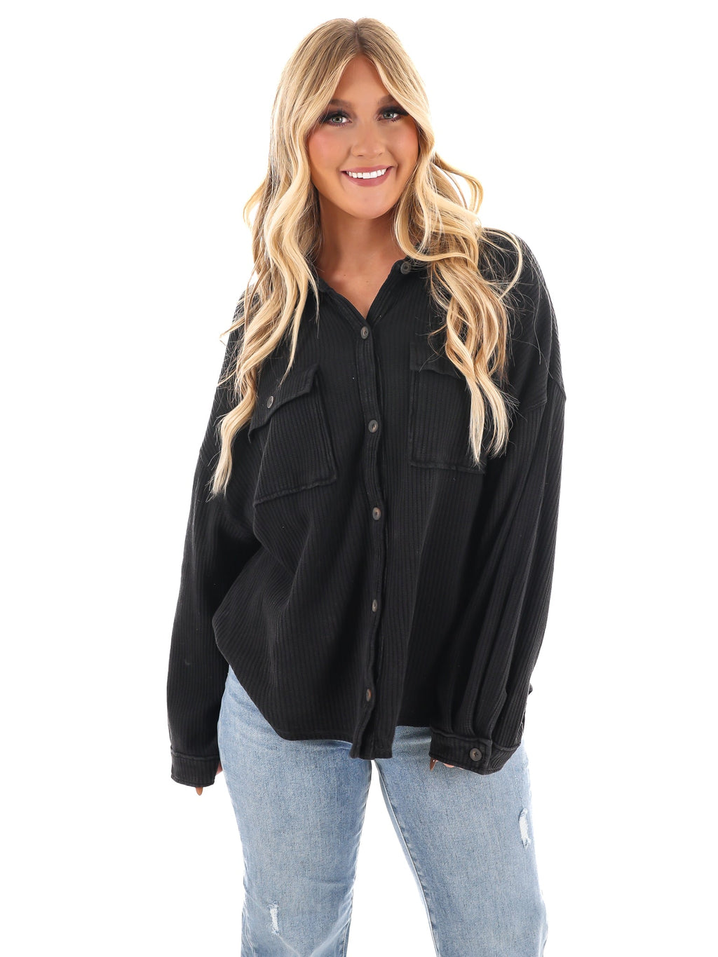 Chilly Days Waffle Knit Button Up Top