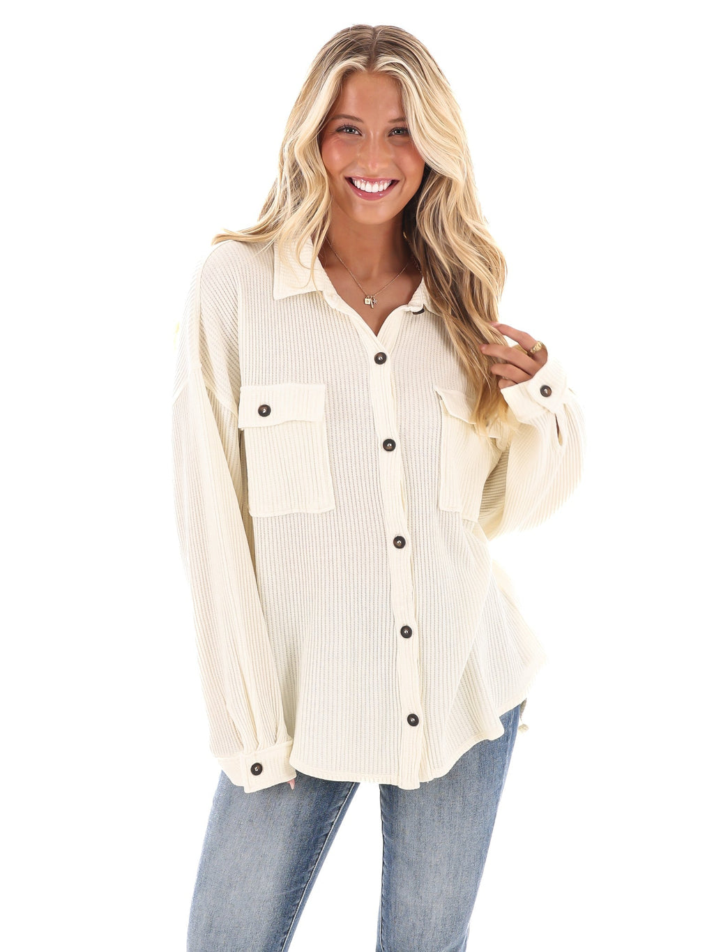 Chilly Days Waffle Knit Button Up Top