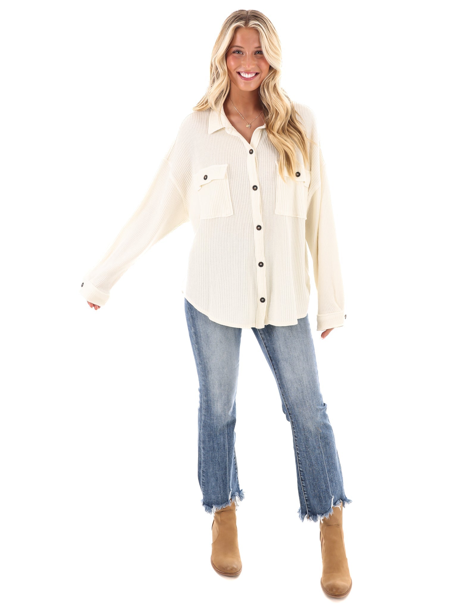 Chilly Days Waffle Knit Button Up Top