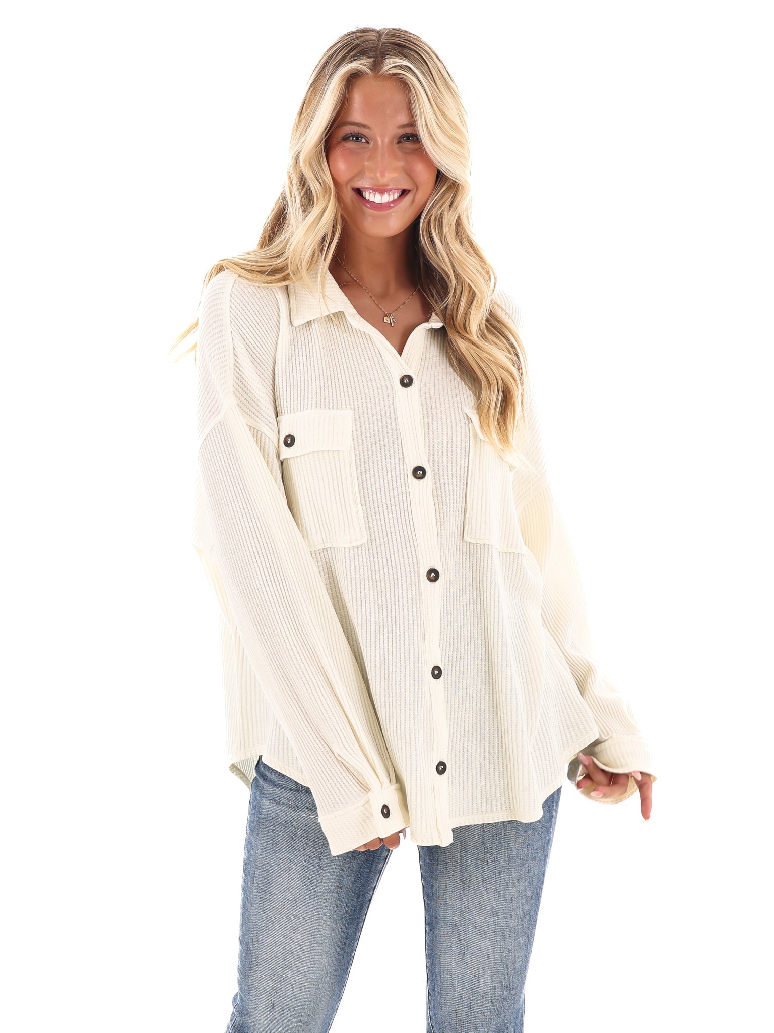 Chilly Days Waffle Knit Button Up Top