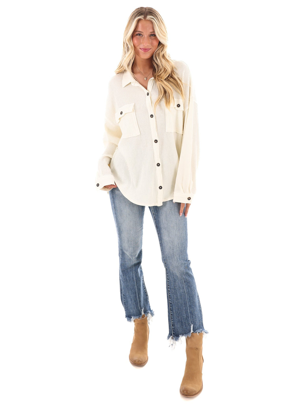 Chilly Days Waffle Knit Button Up Top