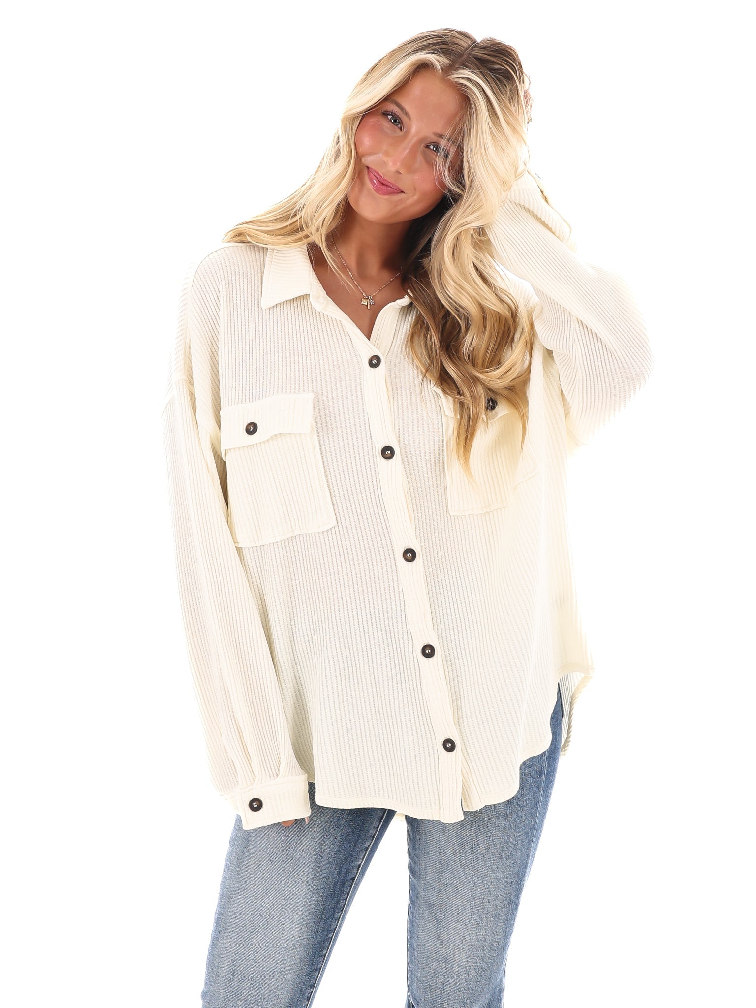 Chilly Days Waffle Knit Button Up Top