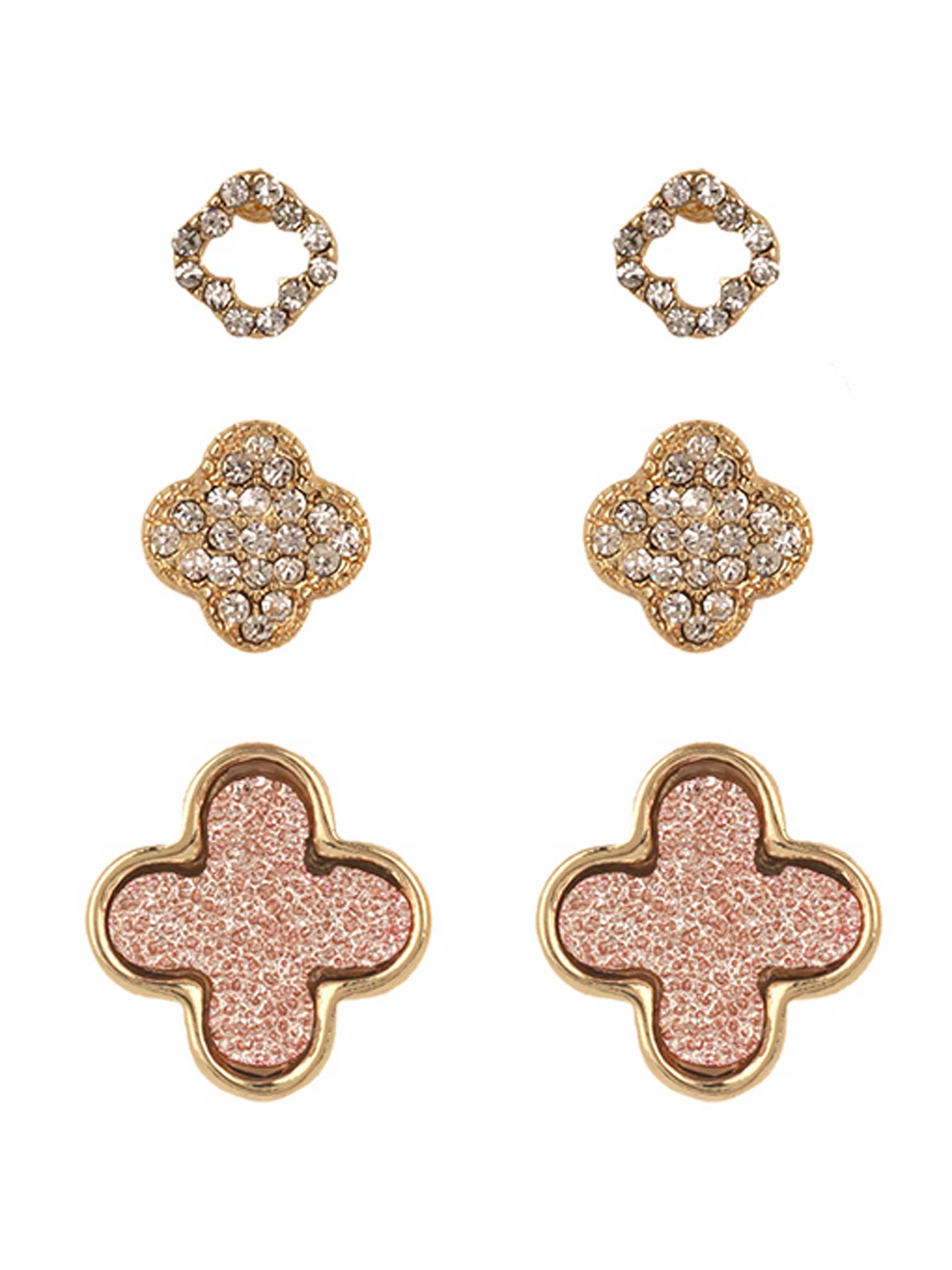 Druzy Rhinestone Pave Clover 3 Pair Post Earring