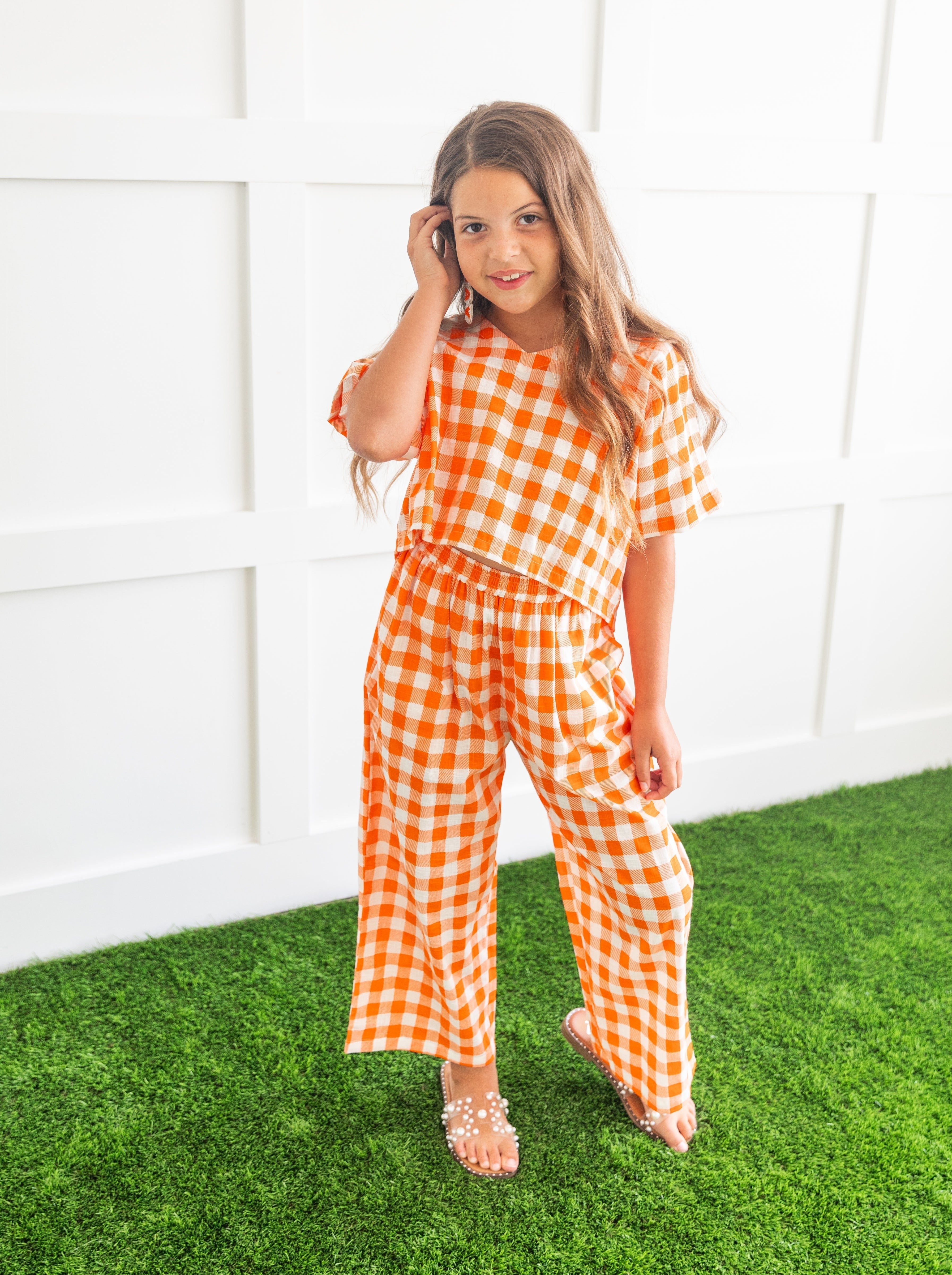 Girls Orange and White Gingham Two Piece Set