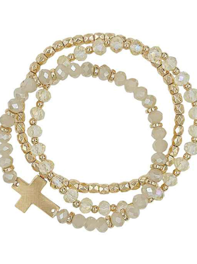 Glass & Metal Cross 3 Set Stretch Bracelet